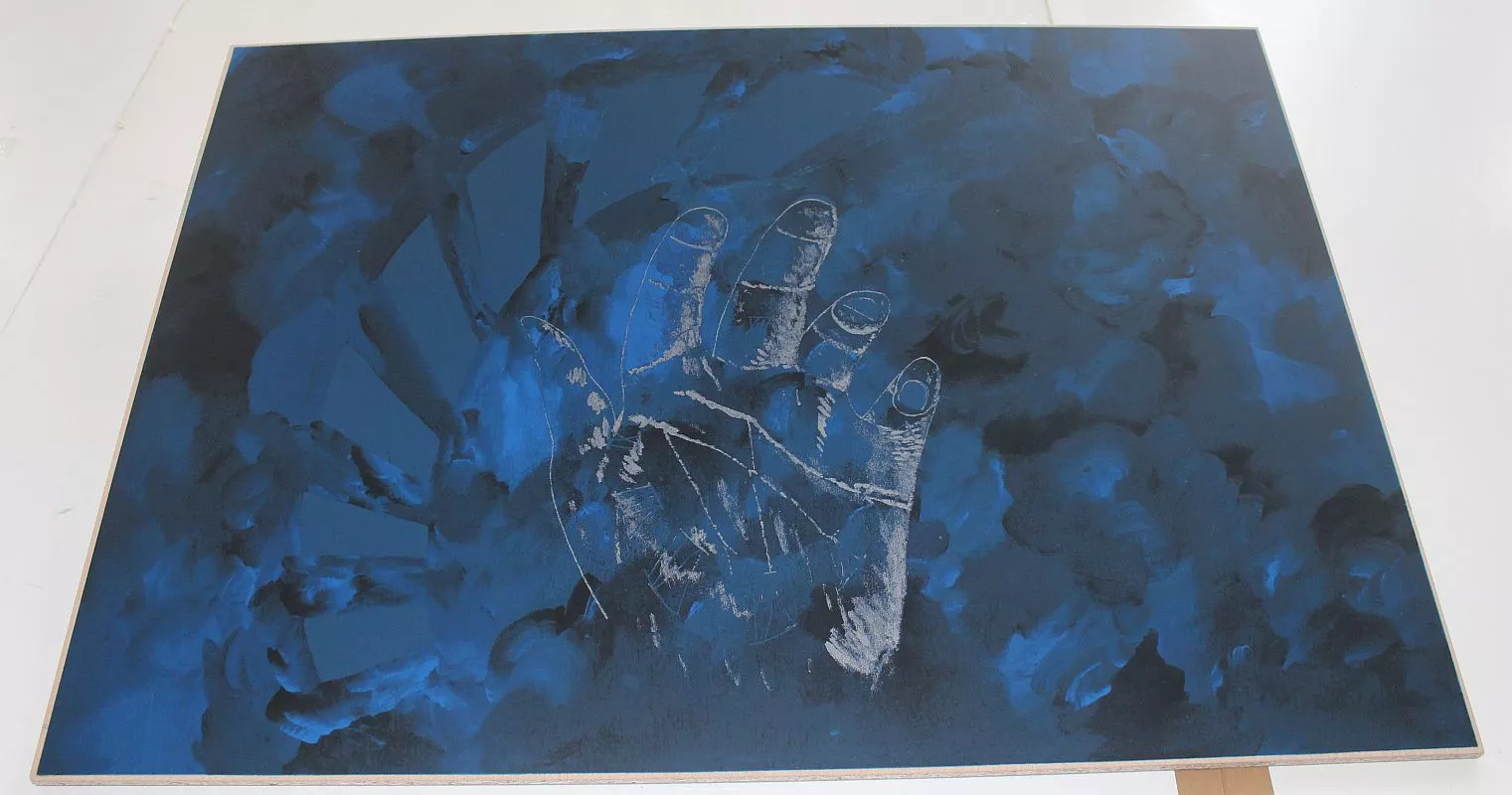 Replik "Die Zeit in DEINER Hand", nachdem die erste Farbe der Hand gedruckt wurde Replik "Die Zeit in DEINER Hand", nachdem die erste Farbe der Hand gedruckt wurde