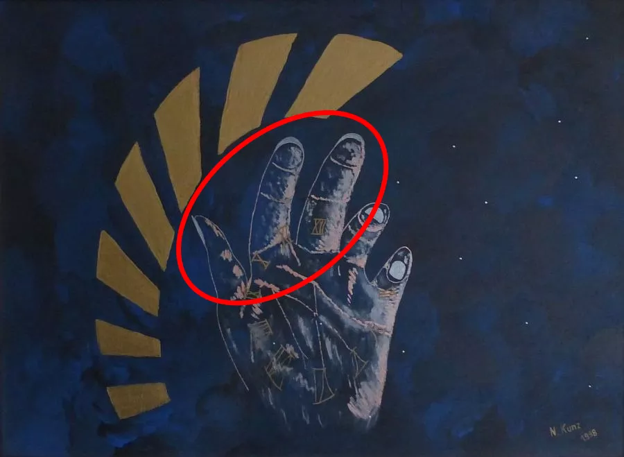Detail "Mittelfinger, Zeigefinger, Daumen" - direkter Zusammenhang zwischen innerer und äußerer Welt - Gemälde "Die Zeit in DEINER Hand" 