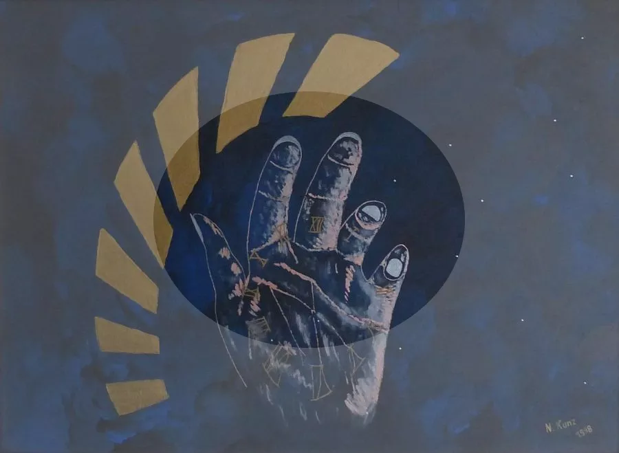 Gemälde "Die Zeit in DEINER Hand" mit Fokus auf Finger