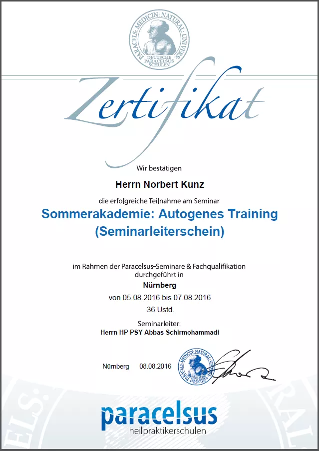 Zertifikat Seminarleiterschein Autogenes Training Norbert Kunz